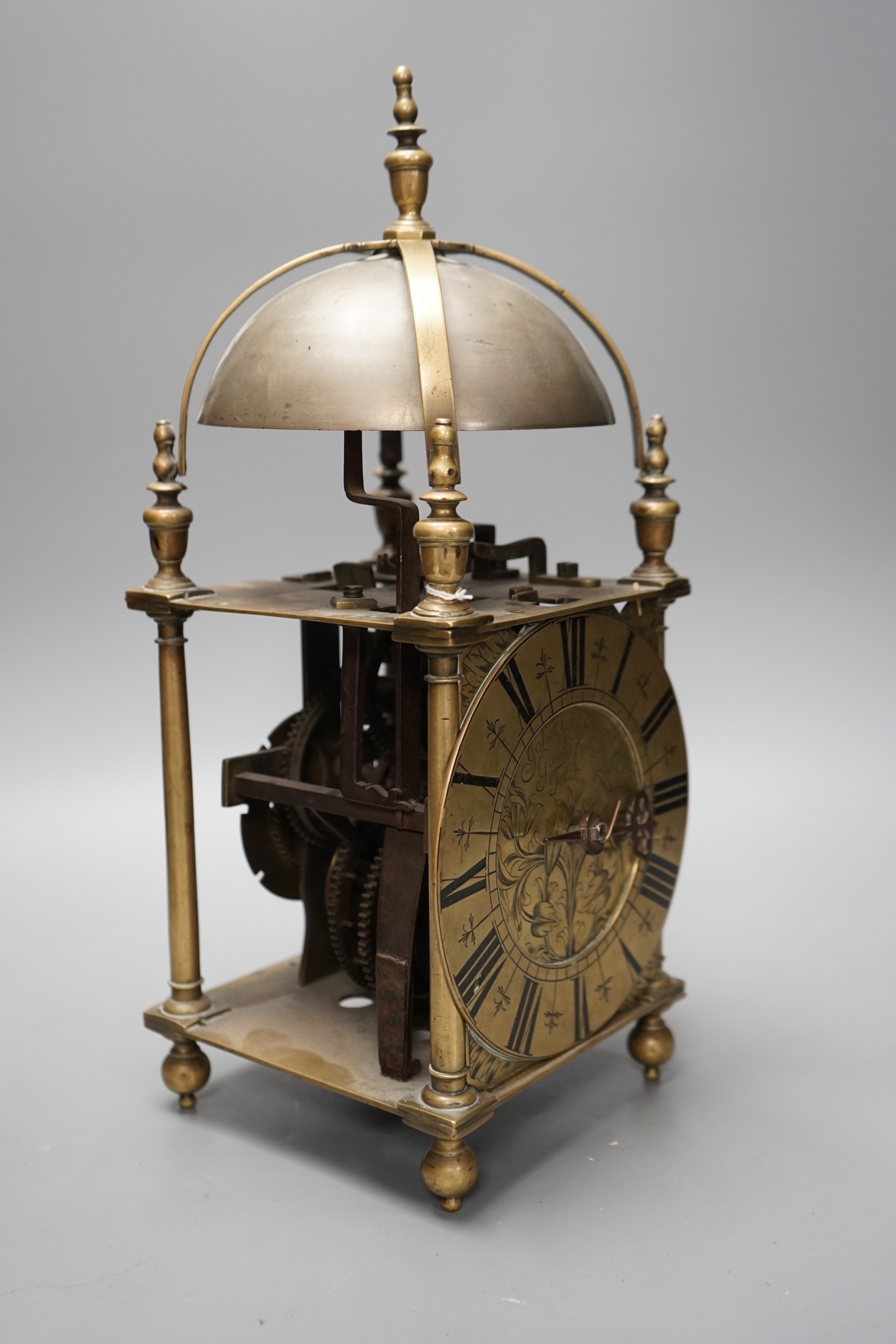 A brass lantern clock, signed John Aylward, 17th century and later, incomplete